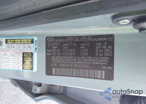 2009 Hyundai Santa Fe Se z USA, uszkodzony, nr VIN 5NMSH13E79H257541